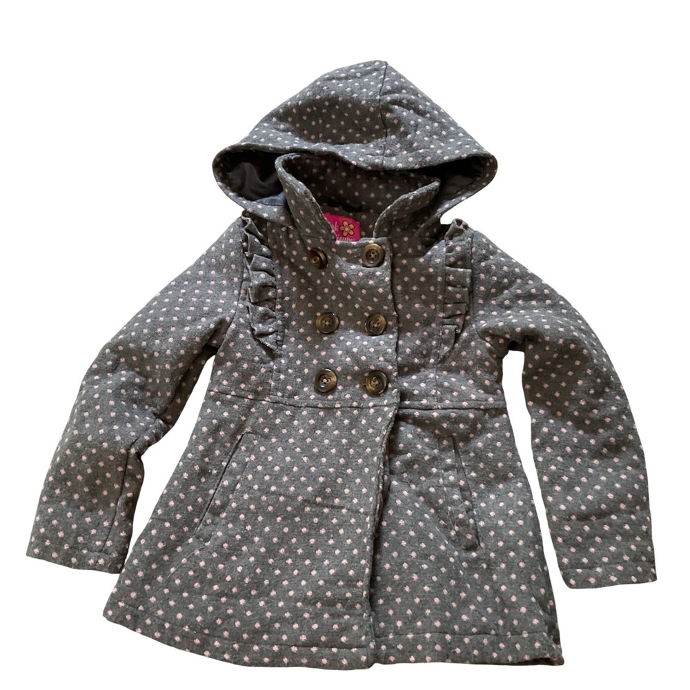 Pink Platinum Girls Grey Pink Polka Dot Hooded Peacoat Jacket Size 5/6
